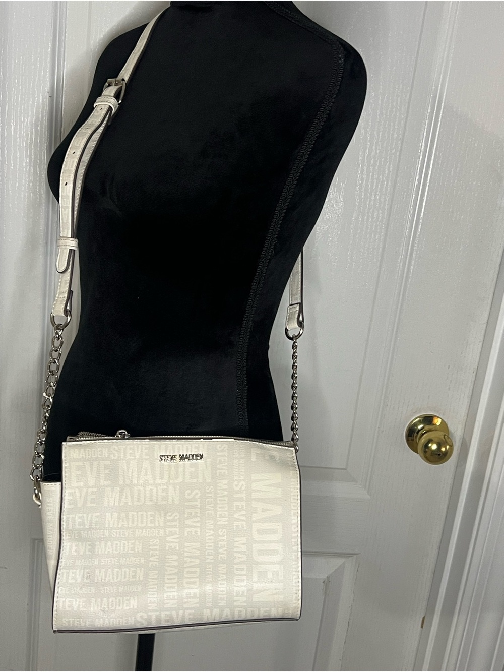 Steve Madden White Logo Print Crossbody with Chain Strap
